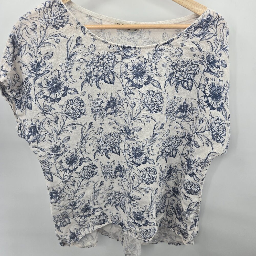 Terzo Millennio Cream Blue Made in Italy 100% Linen  Short Sleeved Top Large